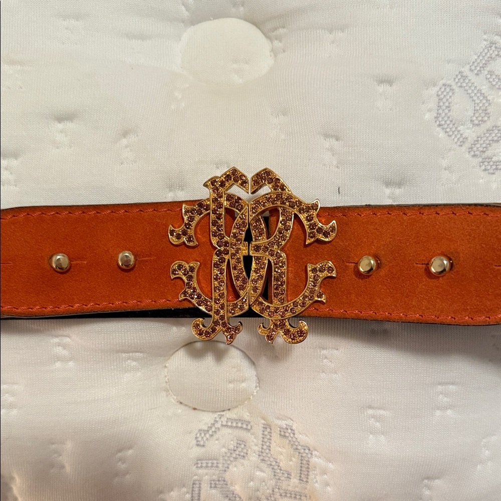 Roberto Cavalli Burnt Orange Belt with Gold Logo Buckle